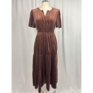 Women’s Velvet Tiered Short Sleeve Elastic Waist Maxi Dress Coffee Brown S